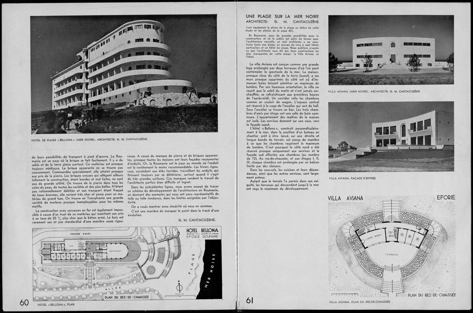 Două pagini din revista franceză L'Architecture d'aujourd'hui (1934) cu fotografia și planul Hotelului Bellona din Eforie